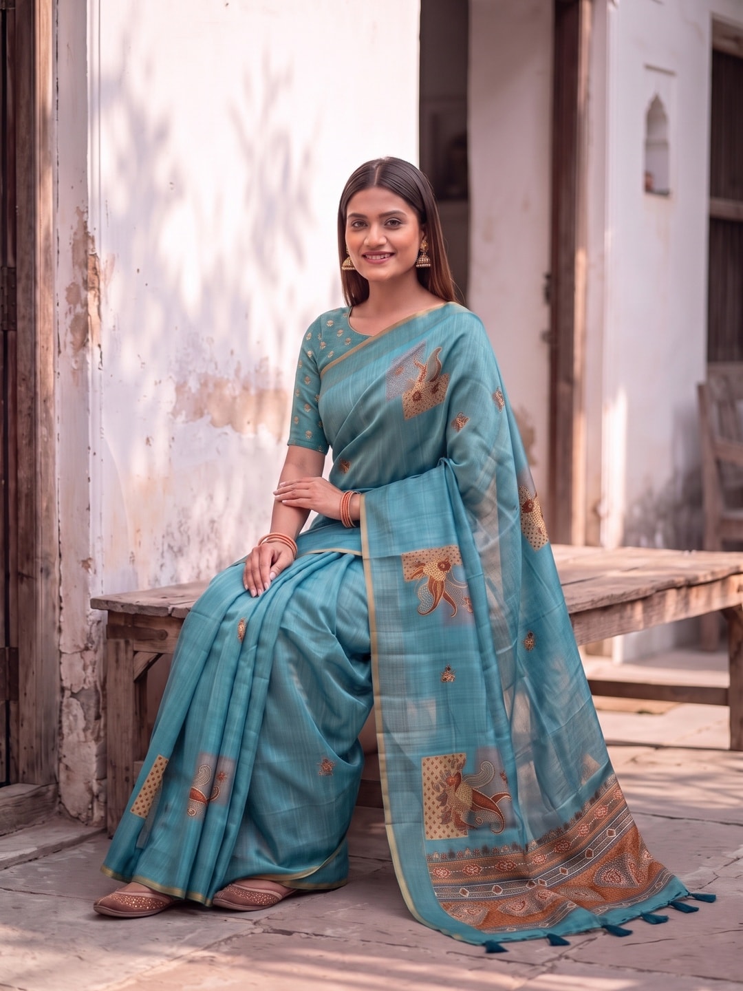 Peachmode Turquoise Square Patch Erode Silk Digital Print Saree With Aari Work And Tassels - Image 5