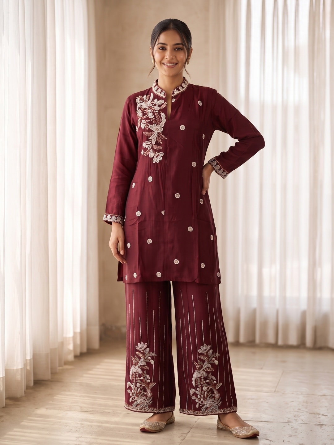 Peachmode Maroon Chinon Floral Embroidered Kurti with Palazzo Co-ord Set - Image 1