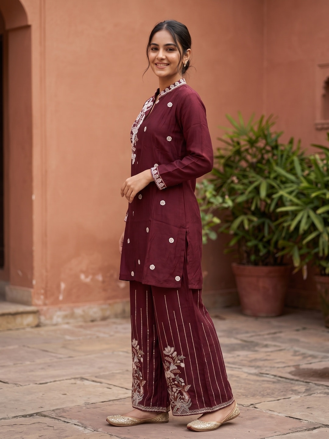 Peachmode Maroon Chinon Floral Embroidered Kurti with Palazzo Co-ord Set - Image 3