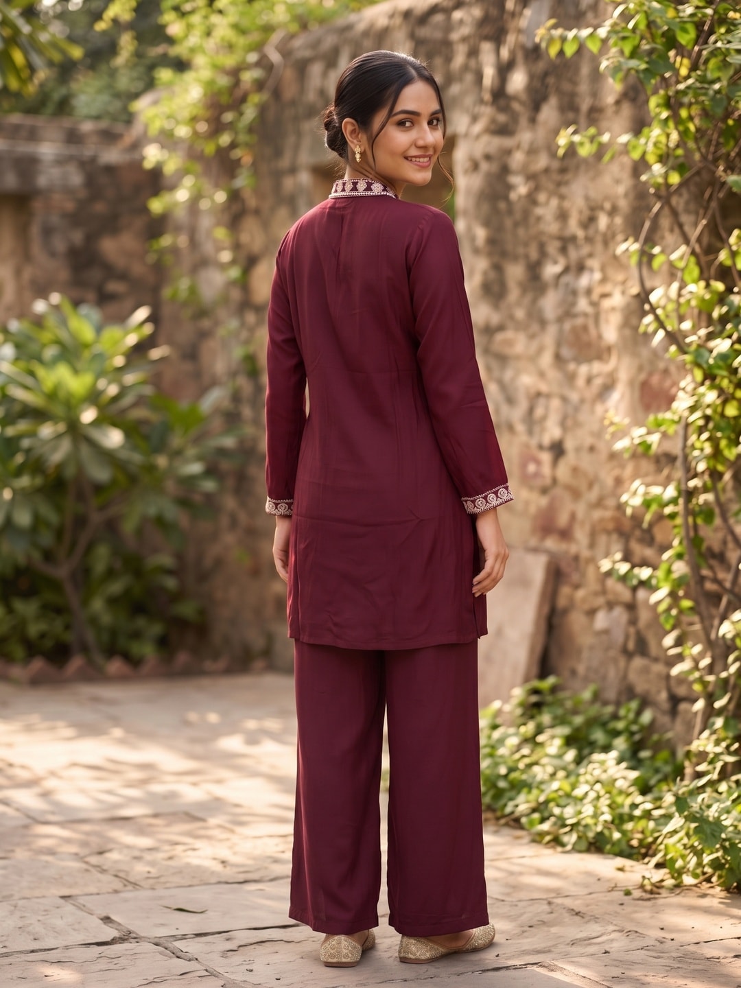 Peachmode Maroon Chinon Floral Embroidered Kurti with Palazzo Co-ord Set - Image 4