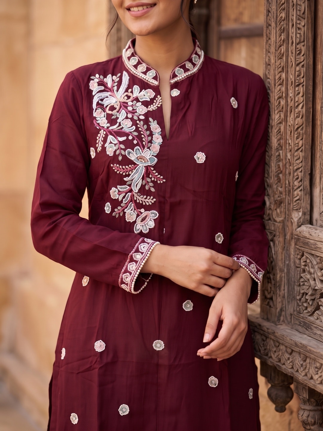 Peachmode Maroon Chinon Floral Embroidered Kurti with Palazzo Co-ord Set - Image 5
