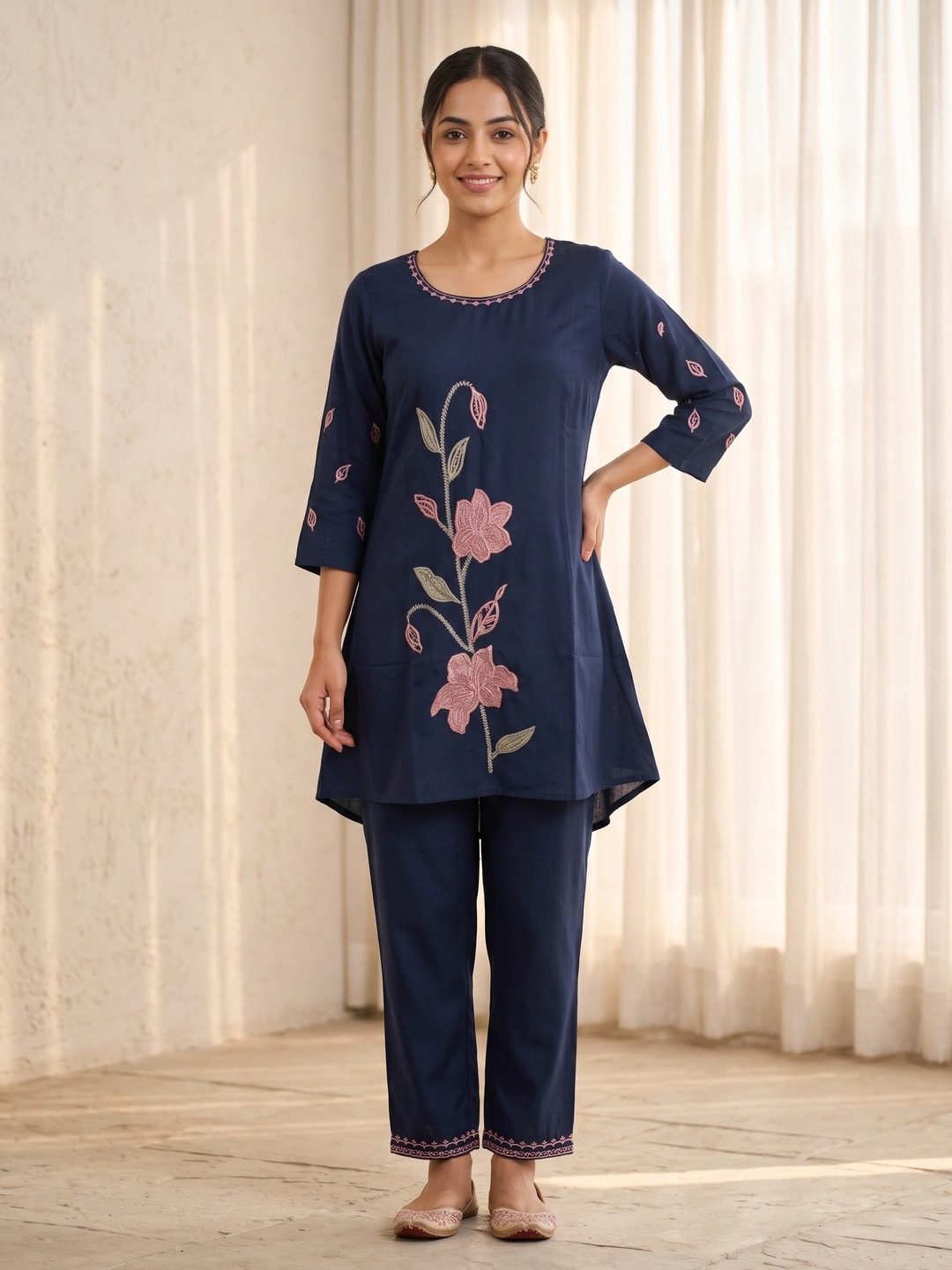 Peachmode Navy Blue Chinon Floral Applique Embroidered Top Bottom Set - Image 1