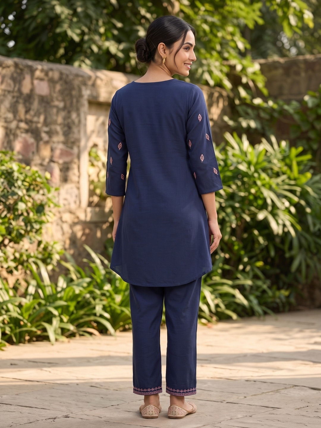Peachmode Navy Blue Chinon Floral Applique Embroidered Top Bottom Set - Image 4