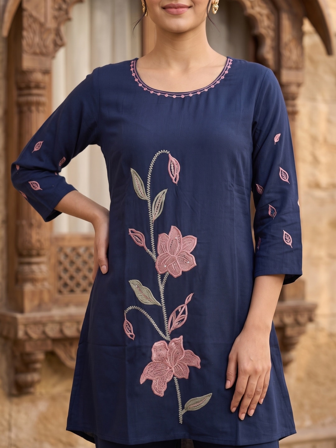 Peachmode Navy Blue Chinon Floral Applique Embroidered Top Bottom Set - Image 5