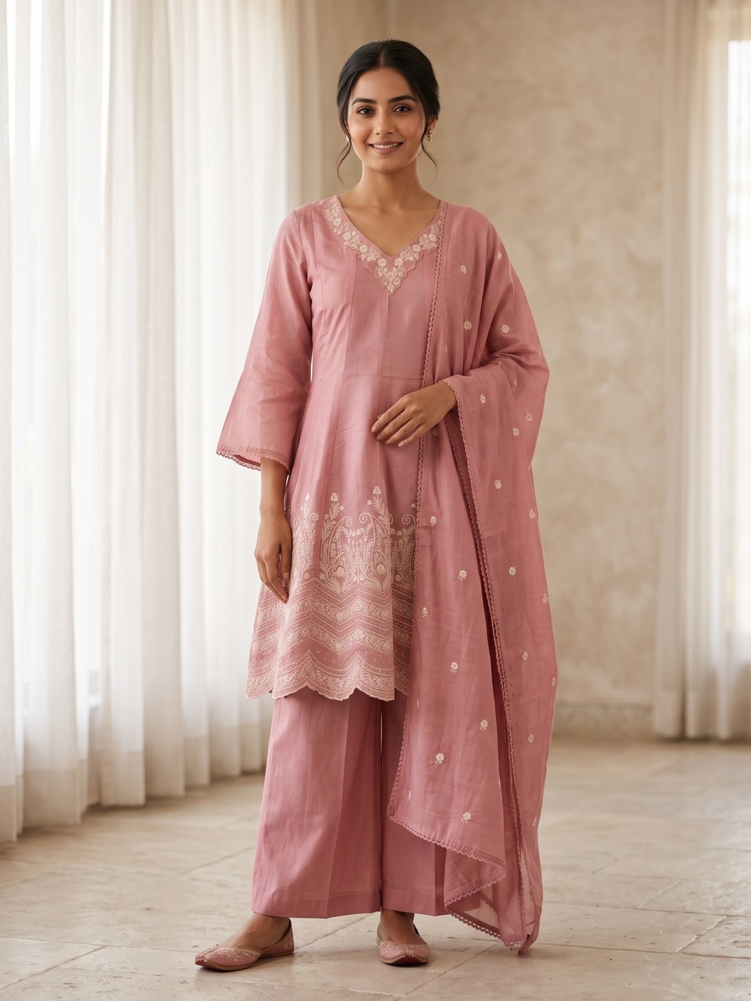 Peachmode Dusty Rose Mul Chanderi Embroidered Anarkali Salwar Suit with Dupatta - Image 1