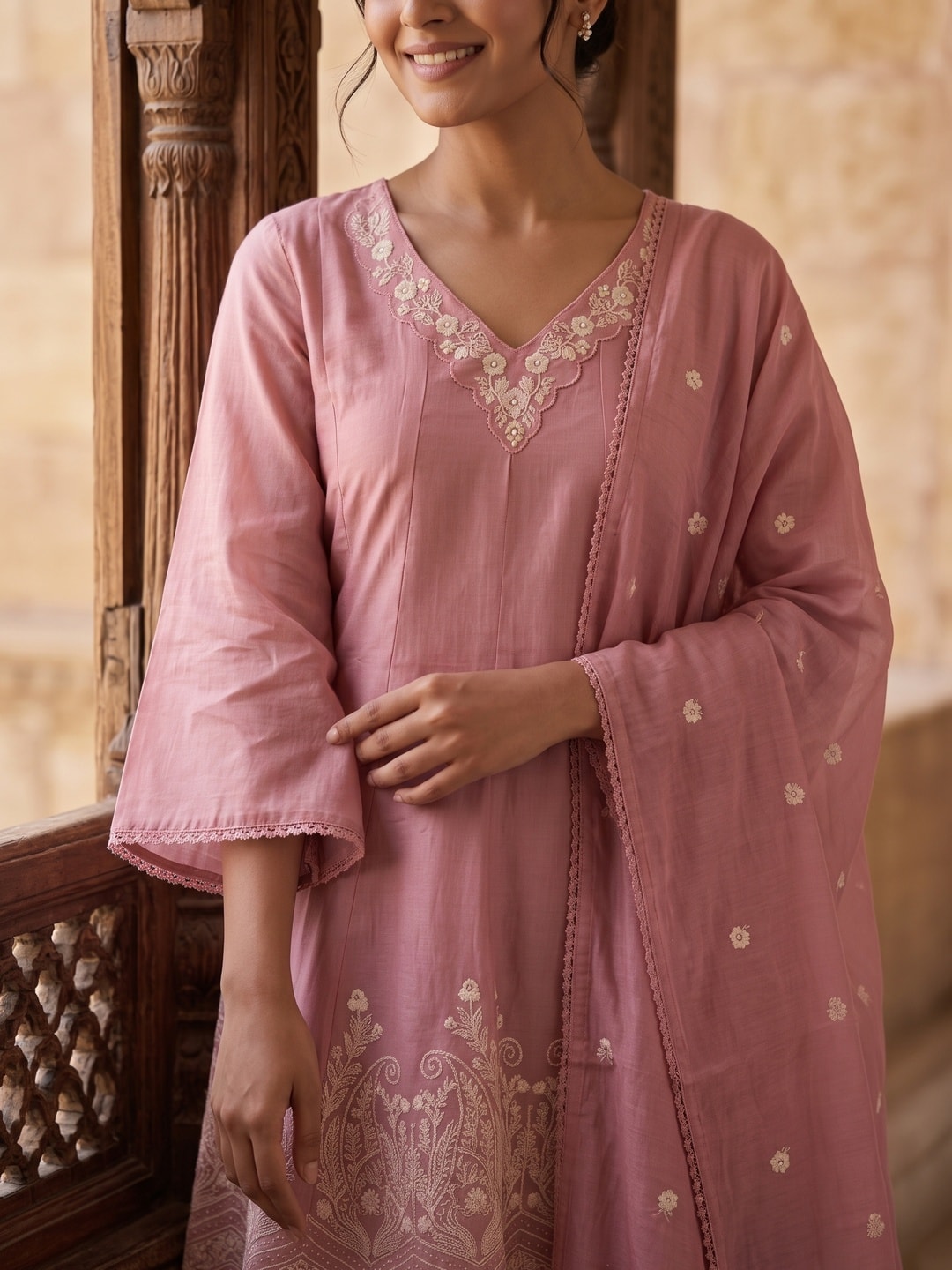 Peachmode Dusty Rose Mul Chanderi Embroidered Anarkali Salwar Suit with Dupatta - Image 4