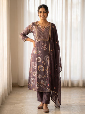 Peachmode Plum Purple Viscose Blend Printed Salwar Suit with Dupatta - Image 1