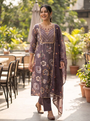 Peachmode Plum Purple Viscose Blend Printed Salwar Suit with Dupatta - Image 2