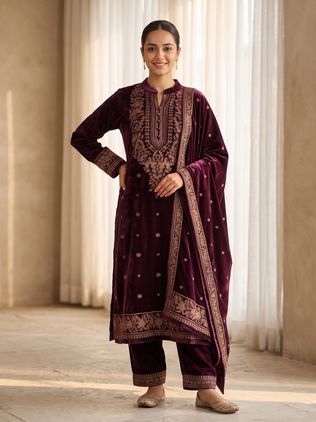 Peachmode Wine Velvet Salwar Suit with Dupatta - Image 1