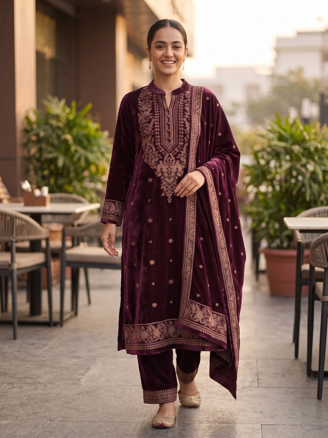 Peachmode Wine Velvet Salwar Suit with Dupatta - Image 2