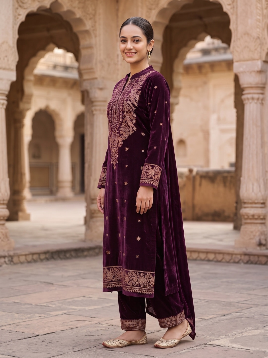 Peachmode Wine Velvet Salwar Suit with Dupatta - Image 3