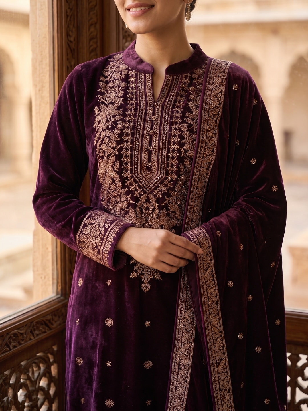 Peachmode Wine Velvet Salwar Suit with Dupatta - Image 5