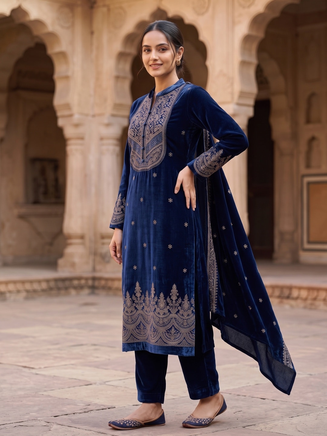 Peachmode Navy Blue Velvet Salwar Suit with Dupatta - Image 3