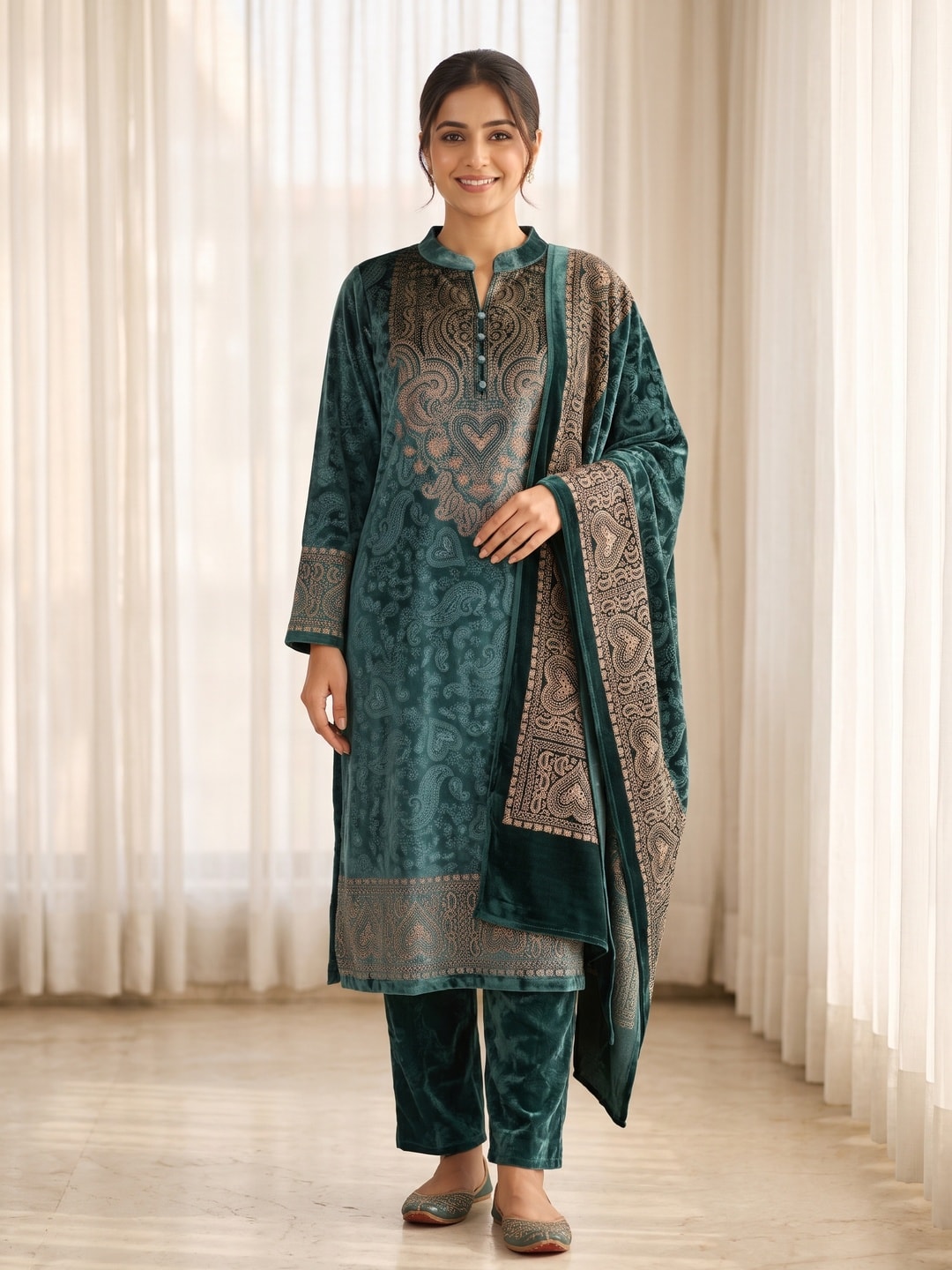 Peachmode Green Velvet Salwar Suit with Dupatta - Image 1
