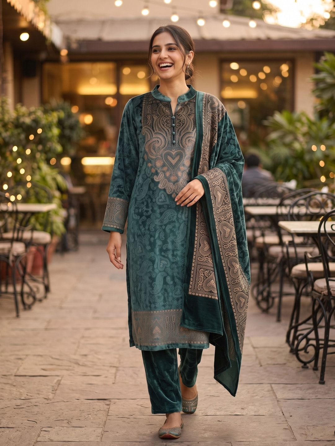 Peachmode Green Velvet Salwar Suit with Dupatta - Image 2