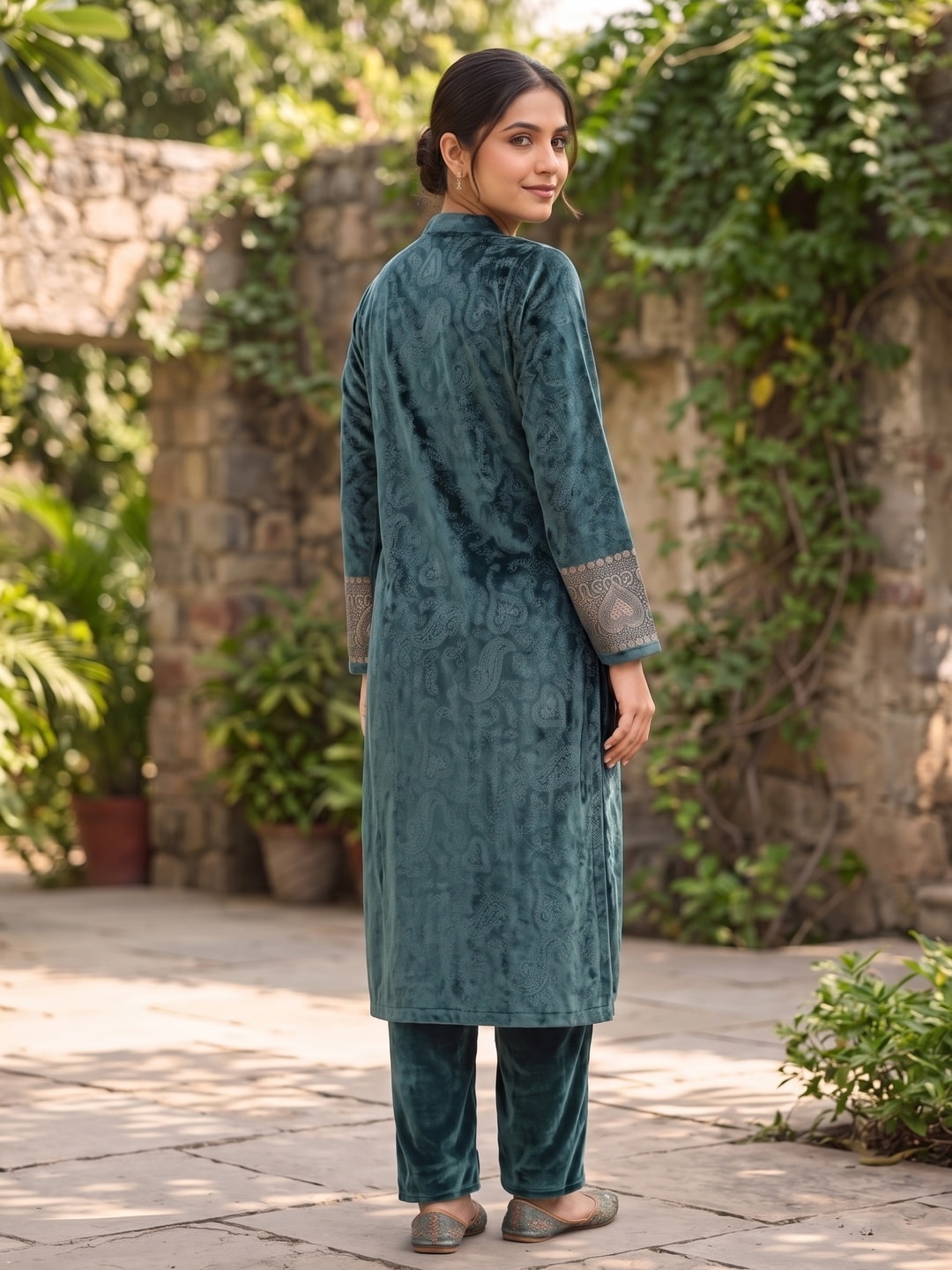 Peachmode Green Velvet Salwar Suit with Dupatta - Image 4