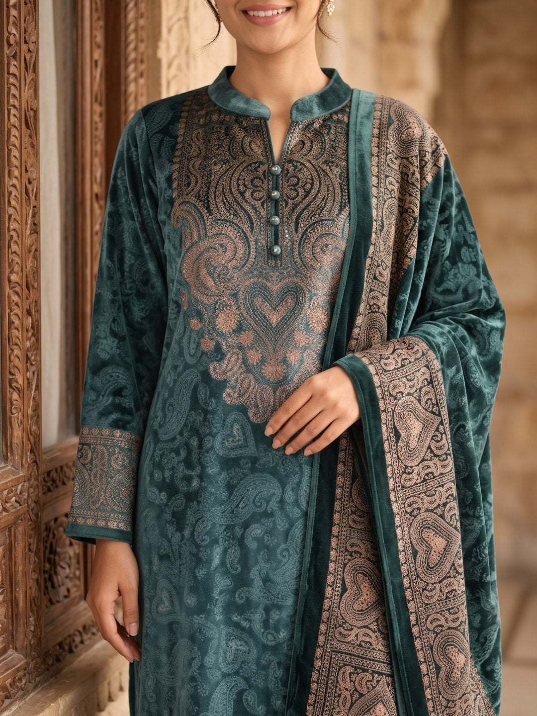 Peachmode Green Velvet Salwar Suit with Dupatta - Image 5