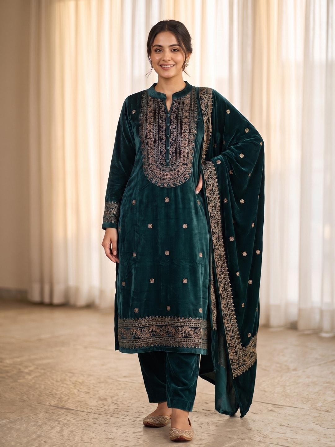 Peachmode Olive Velvet Salwar Suit with Dupatta - Image 1