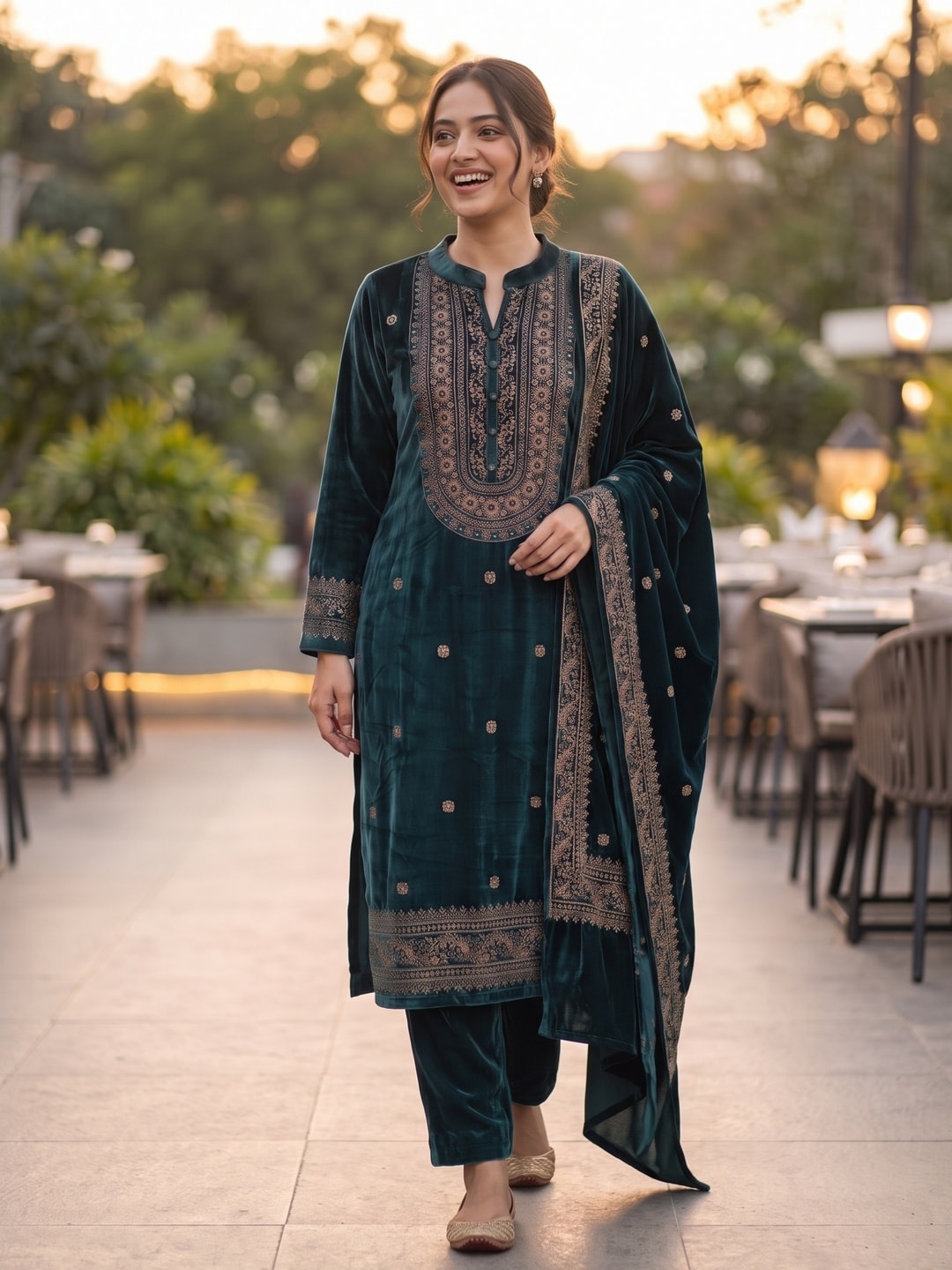 Peachmode Olive Velvet Salwar Suit with Dupatta - Image 2