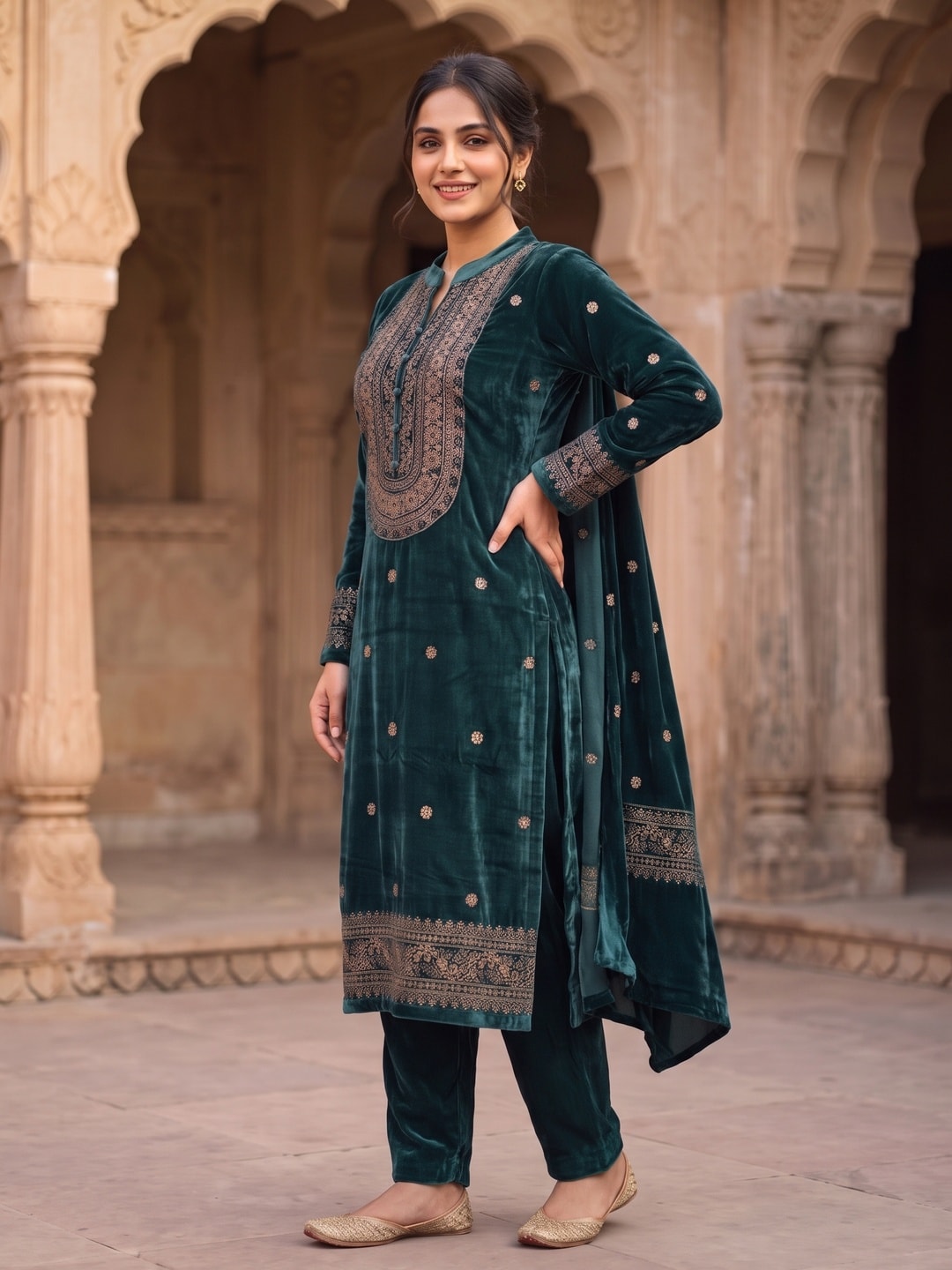 Peachmode Olive Velvet Salwar Suit with Dupatta - Image 3