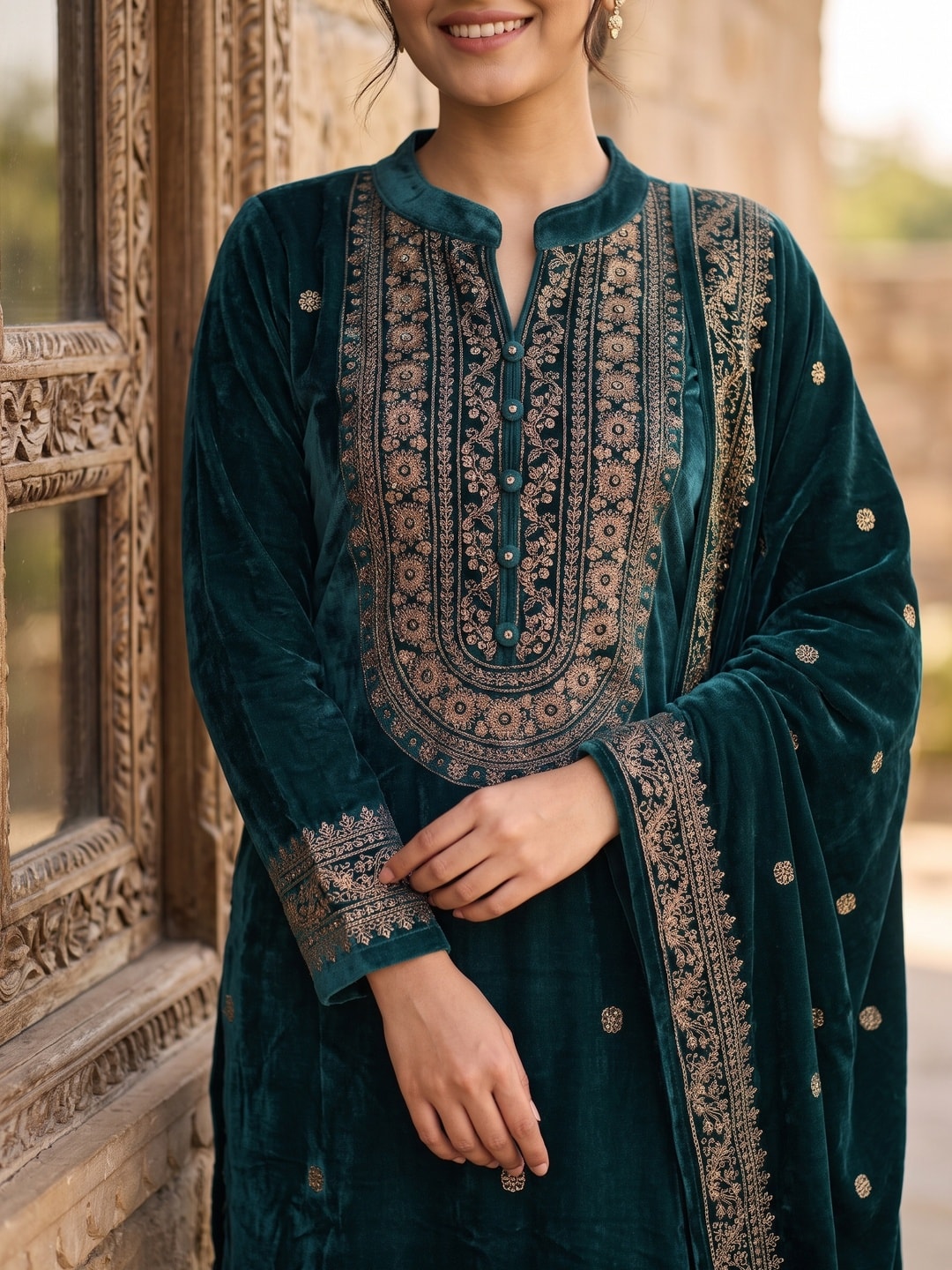 Peachmode Olive Velvet Salwar Suit with Dupatta - Image 5