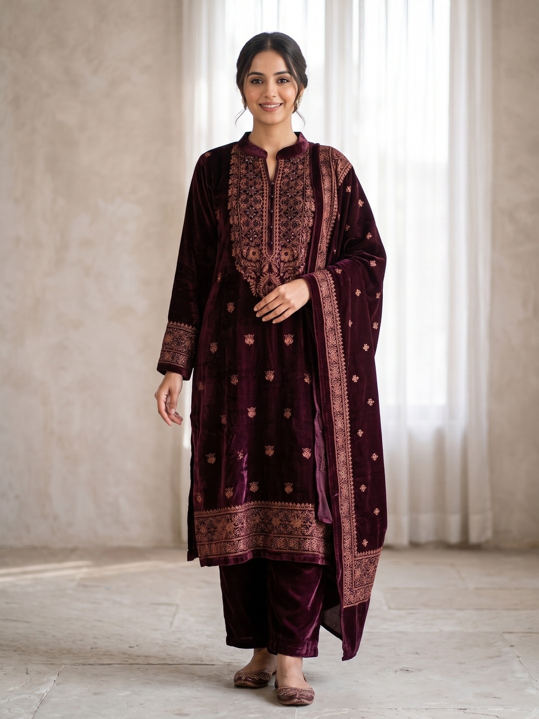 Peachmode Wine Velvet Salwar Suit with Dupatta - Image 1