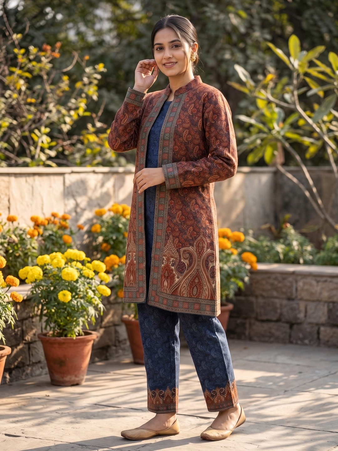 Peachmode Rust Printed Woolen Top Bottom Set - Image 3