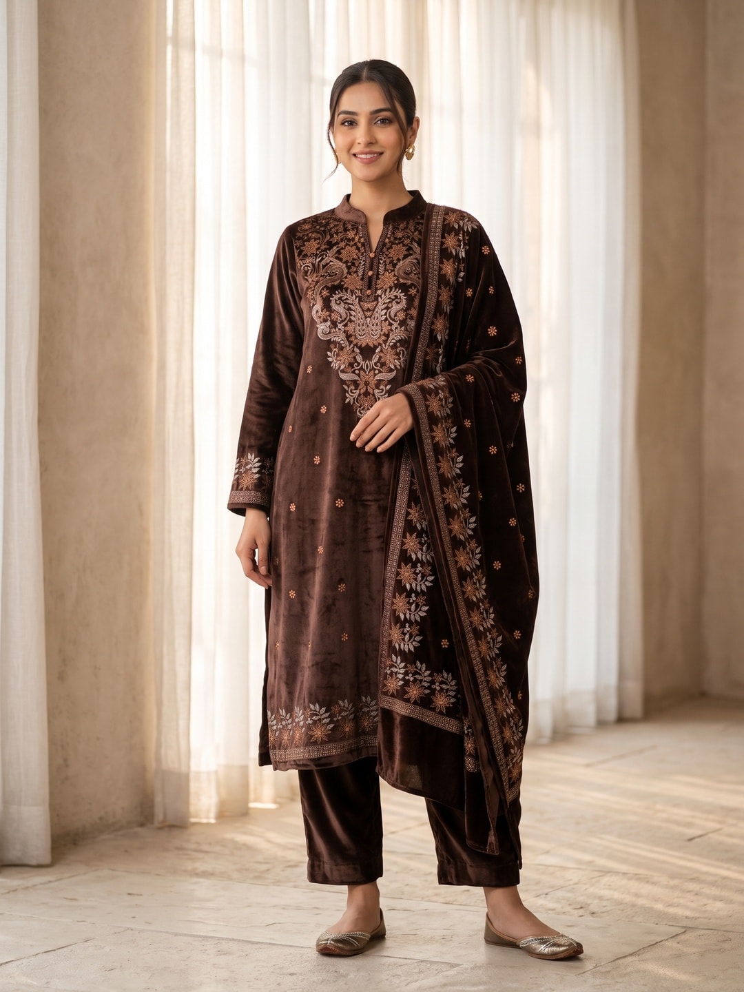 Peachmode Brown Velvet Salwar Suit with Dupatta - Image 1