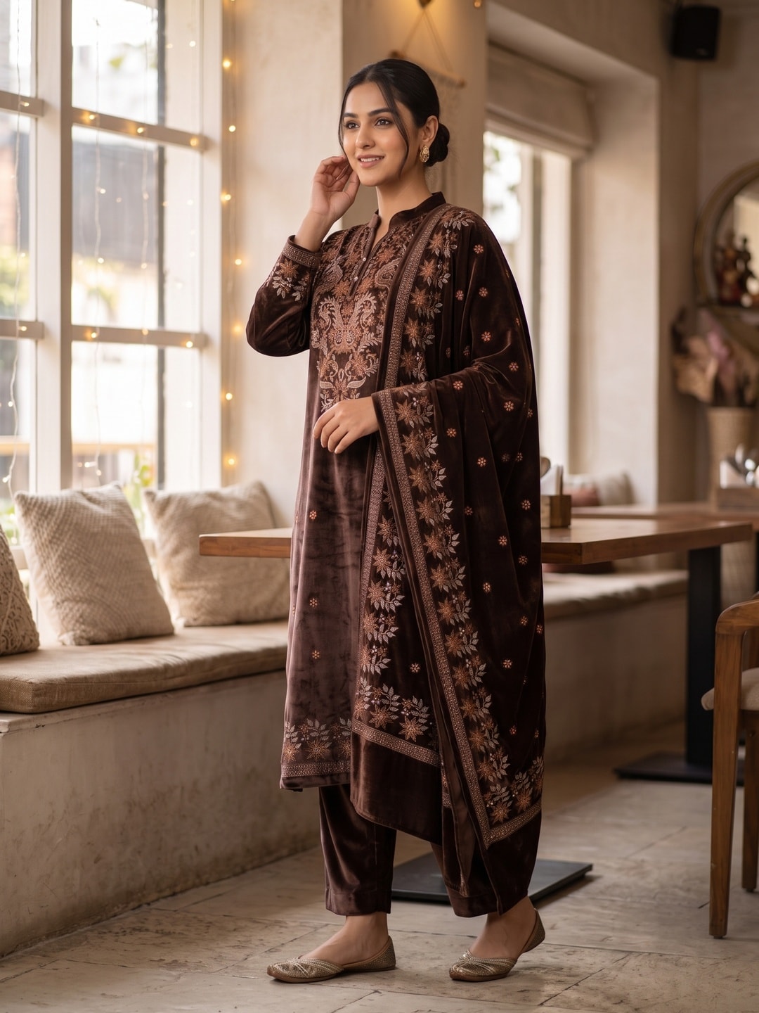 Peachmode Brown Velvet Salwar Suit with Dupatta - Image 3