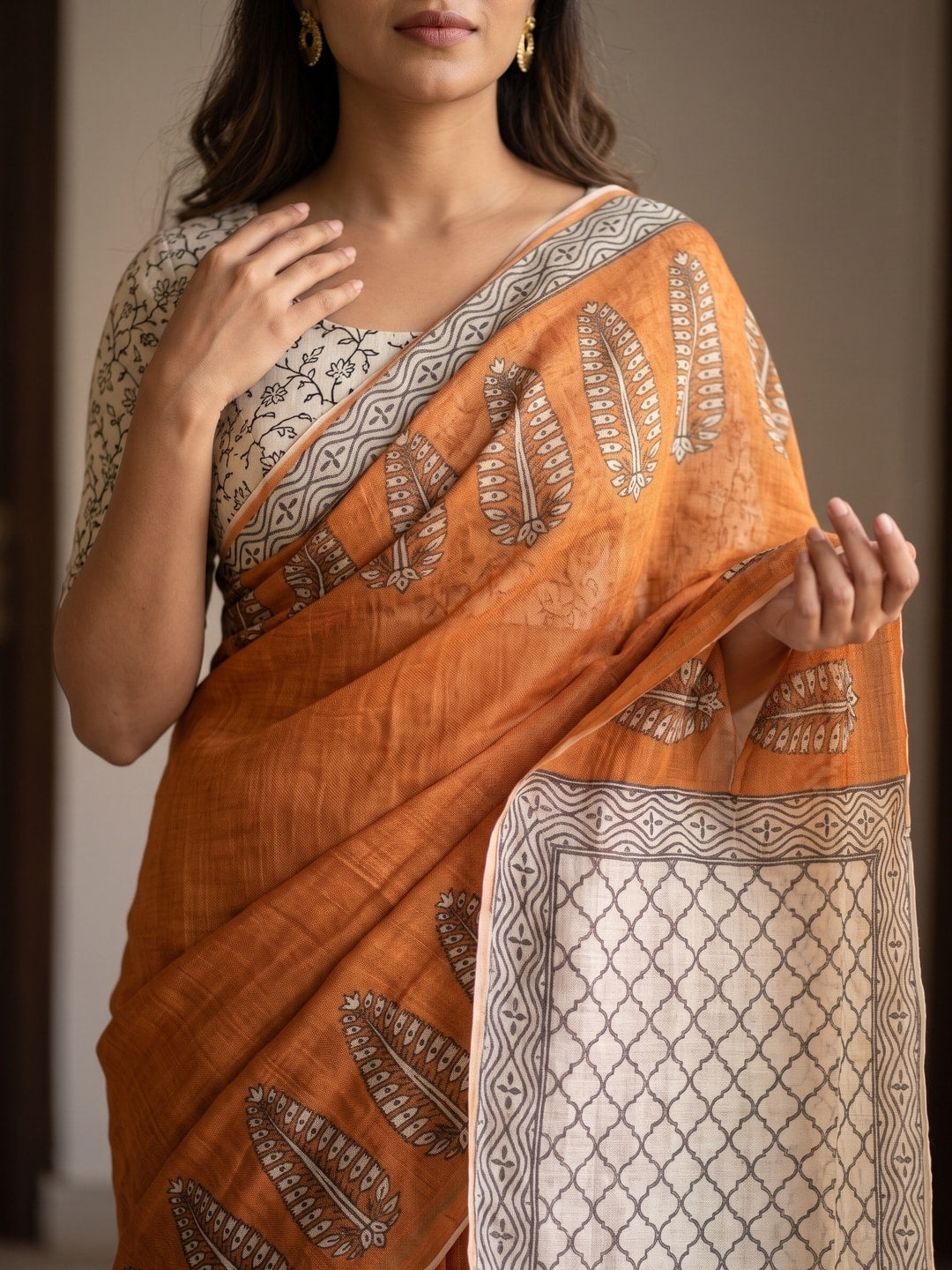 Peachmode Orange Soft Linen Digital Printed Saree With Jhumka Pallu - Image 3