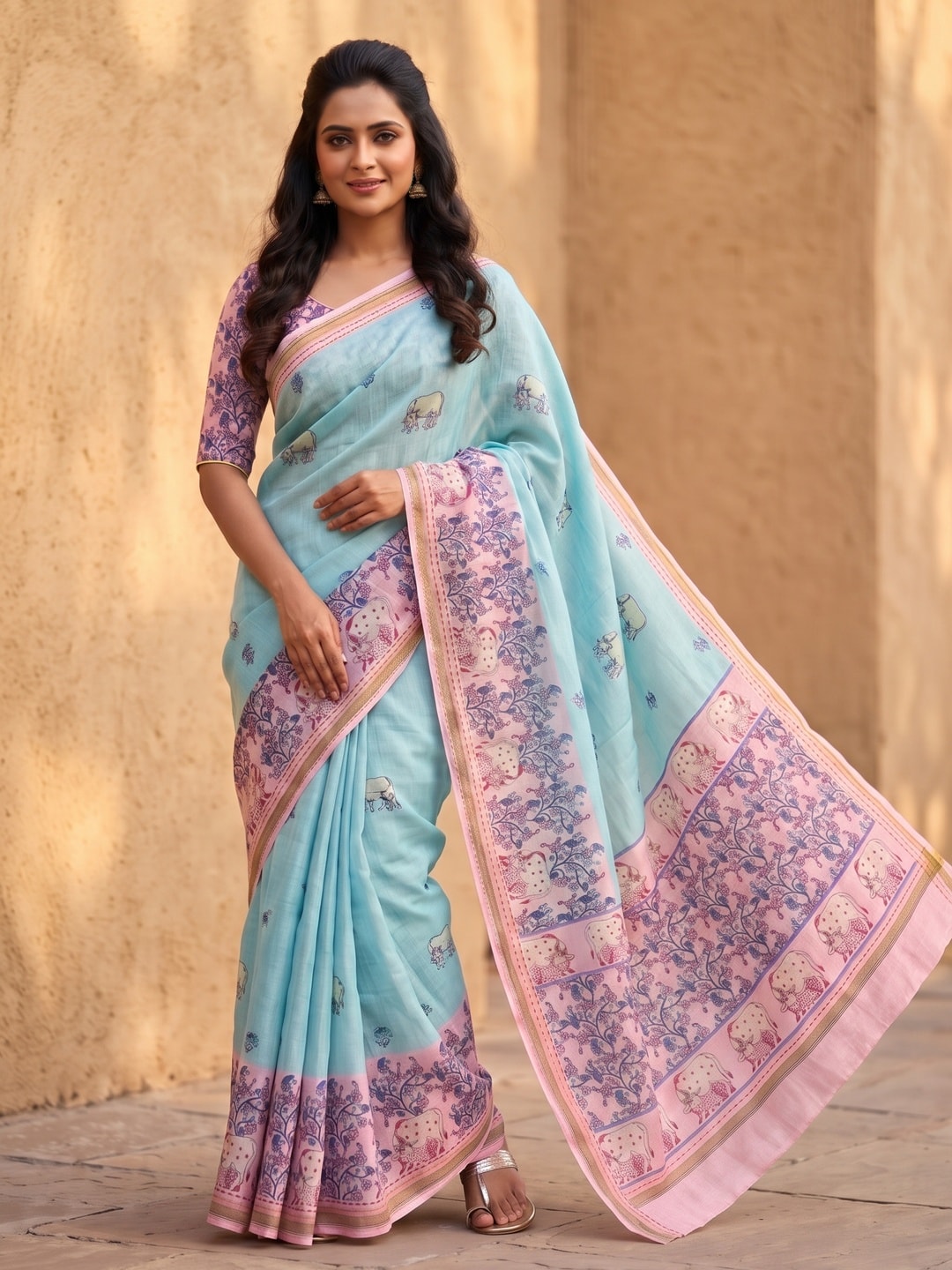 Peachmode Sky Blue Soft Linen Digital Printed Saree With Jhumka Pallu - Image 1