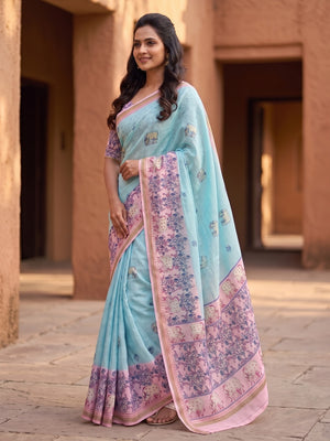 Peachmode Sky Blue Soft Linen Digital Printed Saree With Jhumka Pallu - Image 2