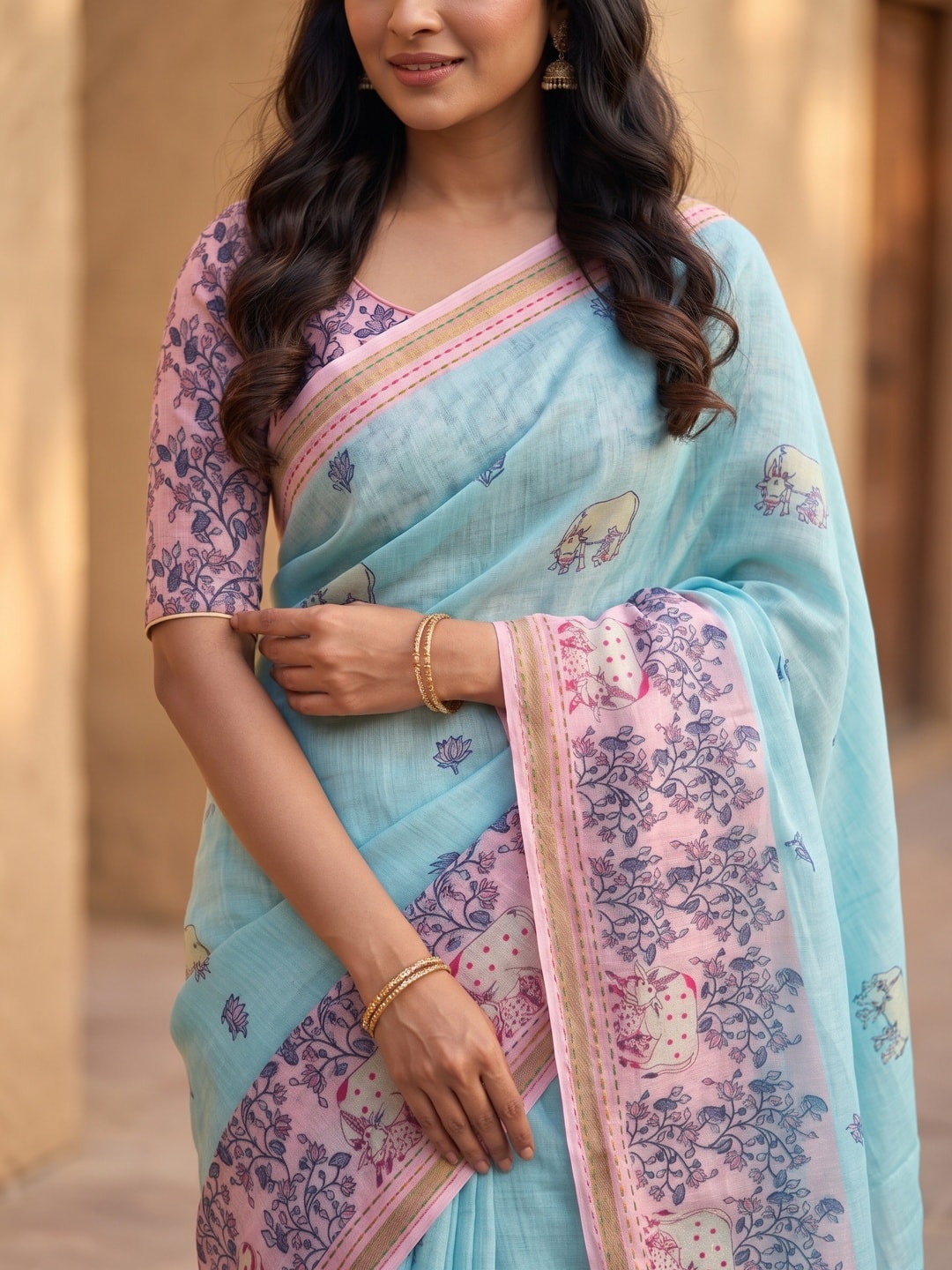 Peachmode Sky Blue Soft Linen Digital Printed Saree With Jhumka Pallu - Image 3