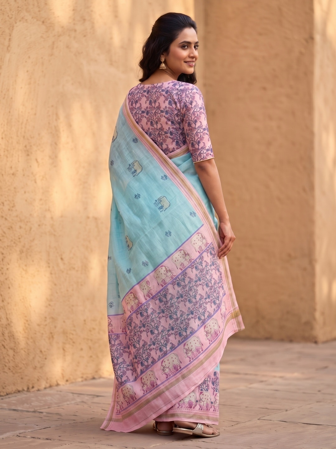 Peachmode Sky Blue Soft Linen Digital Printed Saree With Jhumka Pallu - Image 4