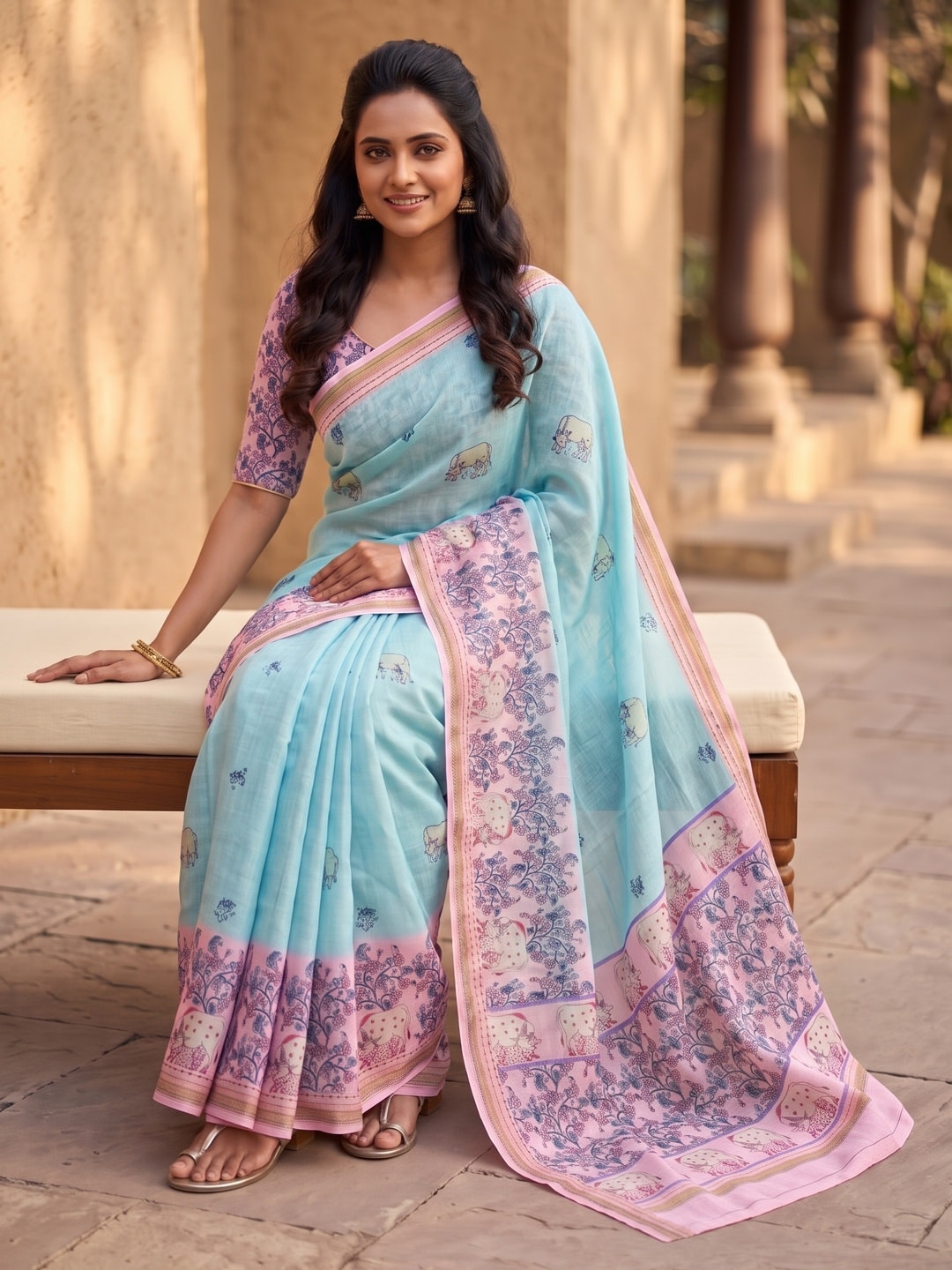 Peachmode Sky Blue Soft Linen Digital Printed Saree With Jhumka Pallu - Image 5