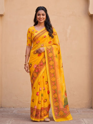Peachmode Yellow Georgette Digital Printed Festival Saree With Jhaler Pallu - Image 1