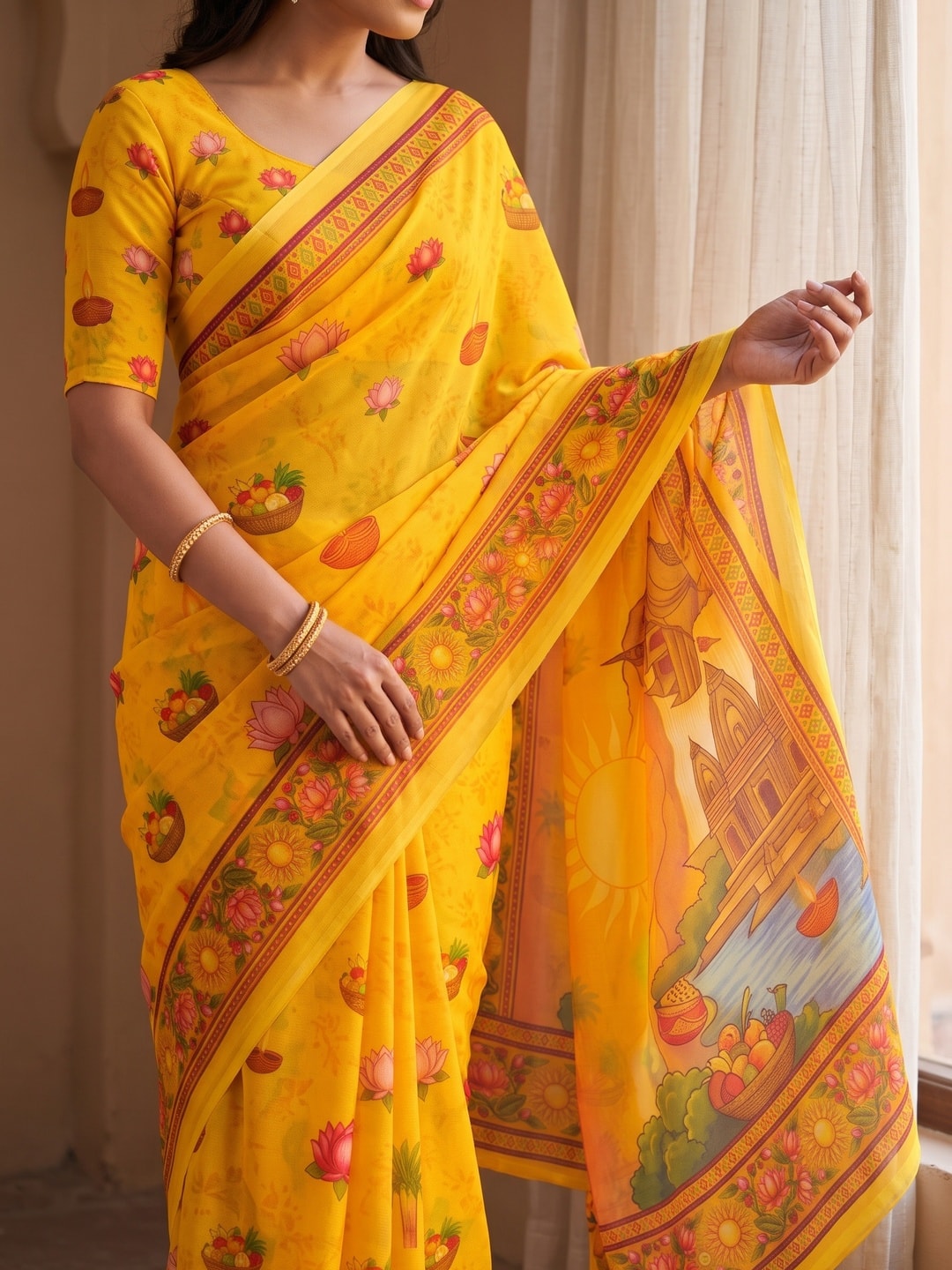 Peachmode Yellow Georgette Digital Printed Festival Saree With Jhaler Pallu - Image 3