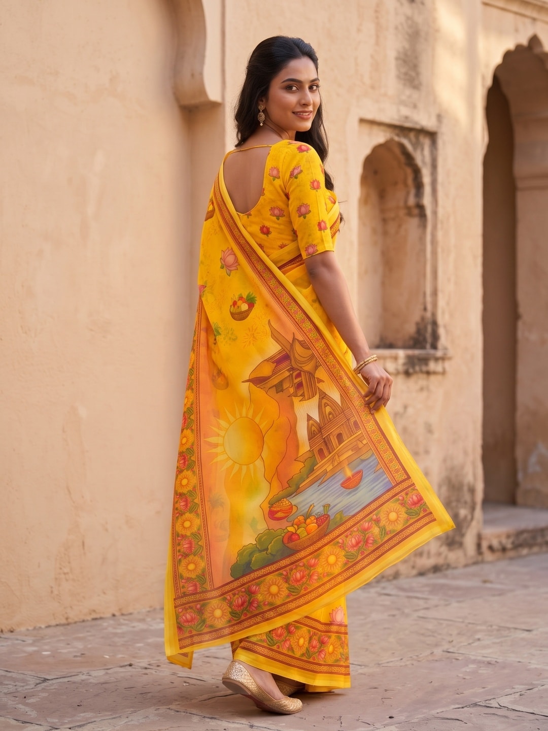 Peachmode Yellow Georgette Digital Printed Festival Saree With Jhaler Pallu - Image 4