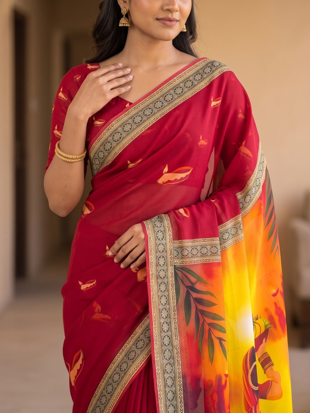 Peachmode Red Georgette Digital Printed Festival Saree With Jhaler Pallu - Image 3