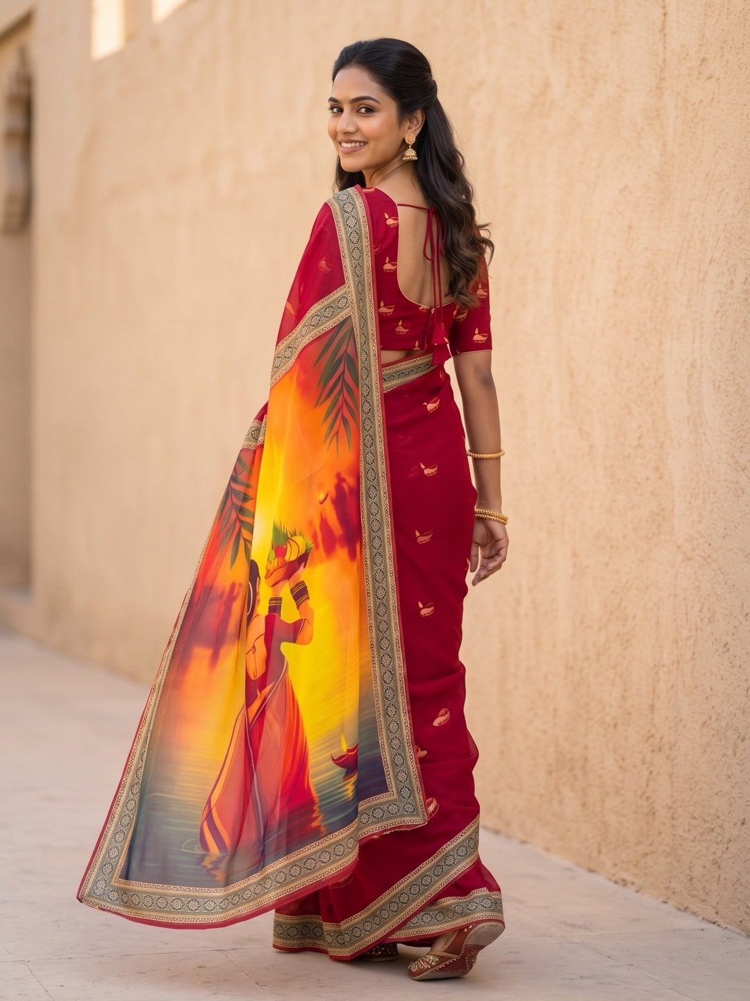 Peachmode Red Georgette Digital Printed Festival Saree With Jhaler Pallu - Image 4