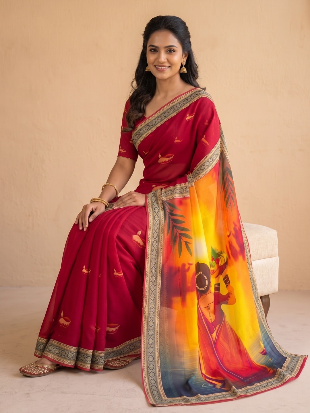 Peachmode Red Georgette Digital Printed Festival Saree With Jhaler Pallu - Image 5