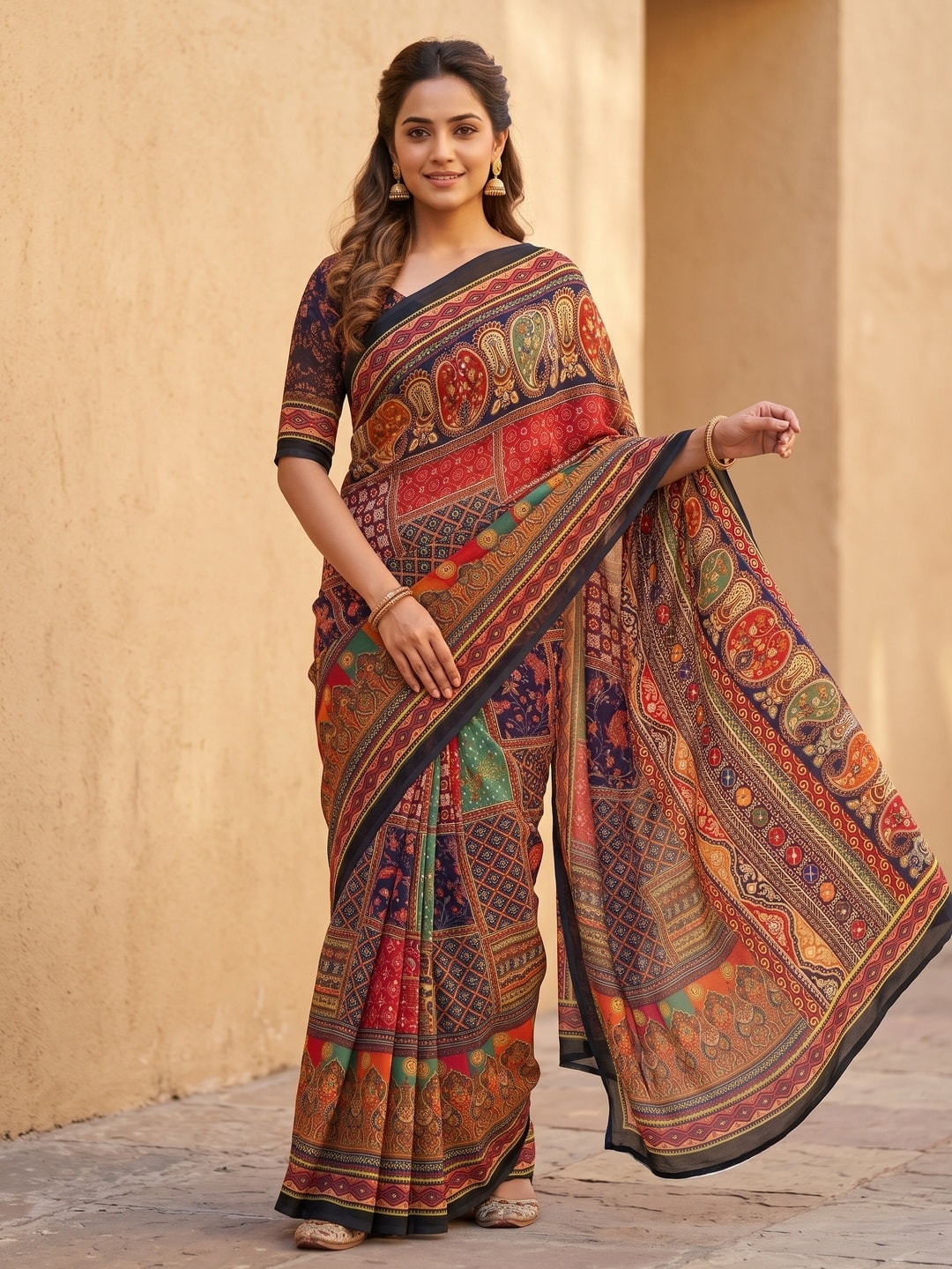 Peachmode Black Weightless Georgette Digital Kalamkari Festival Printed Saree With Mirror Work - Image 1