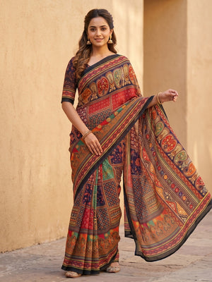 Peachmode Black Weightless Georgette Digital Kalamkari Festival Printed Saree With Mirror Work - Image 1