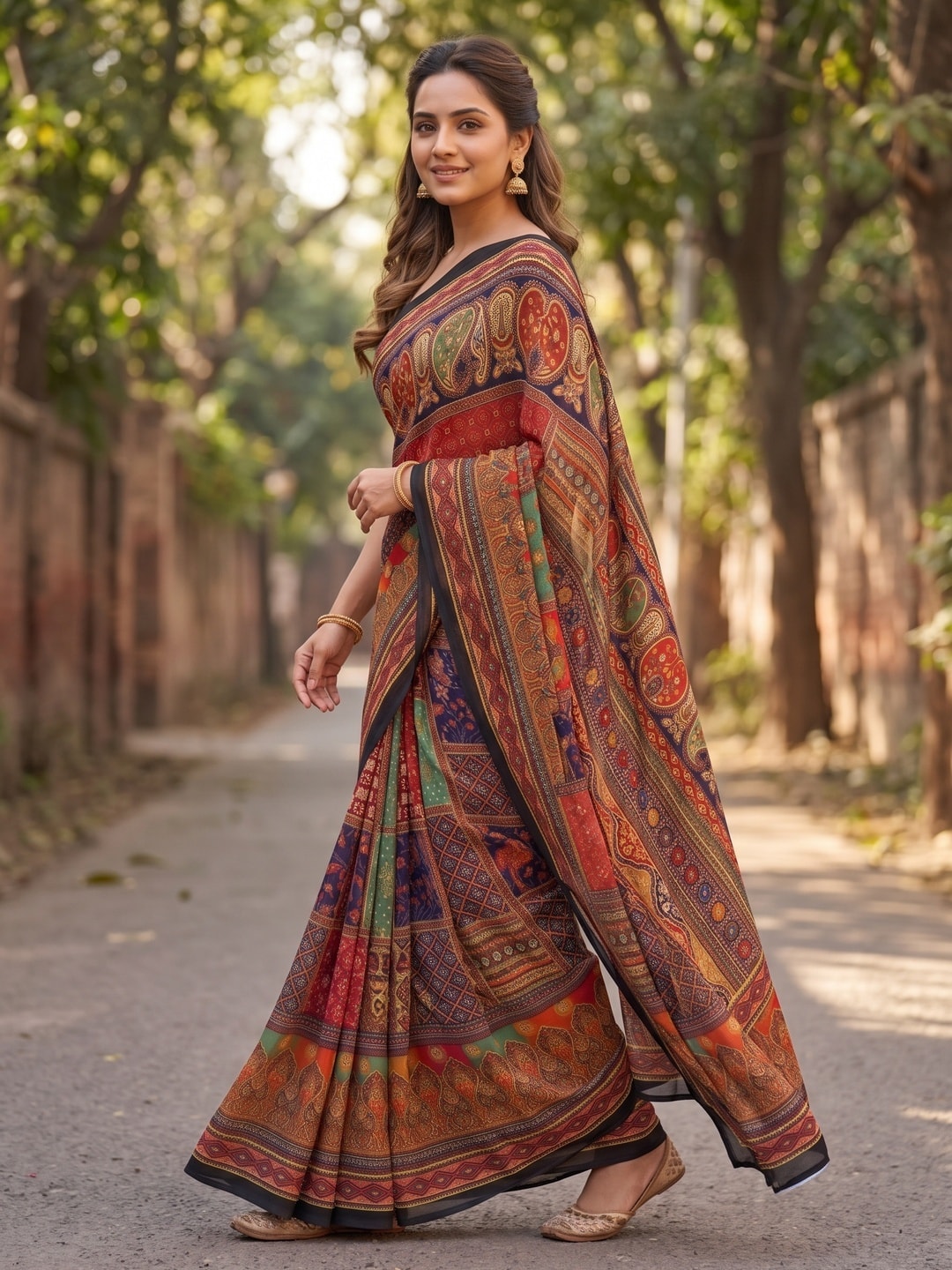 Peachmode Black Weightless Georgette Digital Kalamkari Festival Printed Saree With Mirror Work - Image 2