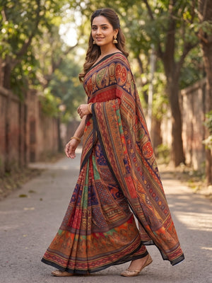 Peachmode Black Weightless Georgette Digital Kalamkari Festival Printed Saree With Mirror Work - Image 2