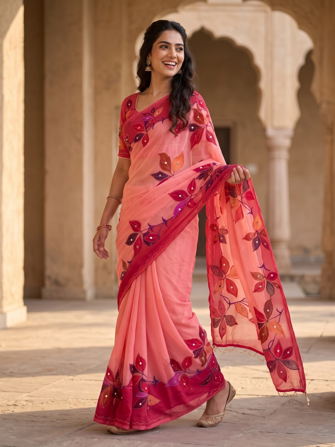 Peachmode Pink Weightless Georgette Digital Kalamkari Festival Printed Saree With Mirror Work - Image 2