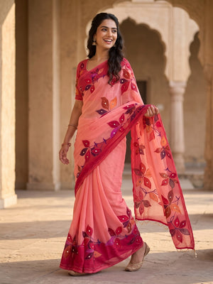 Peachmode Pink Weightless Georgette Digital Kalamkari Festival Printed Saree With Mirror Work - Image 2