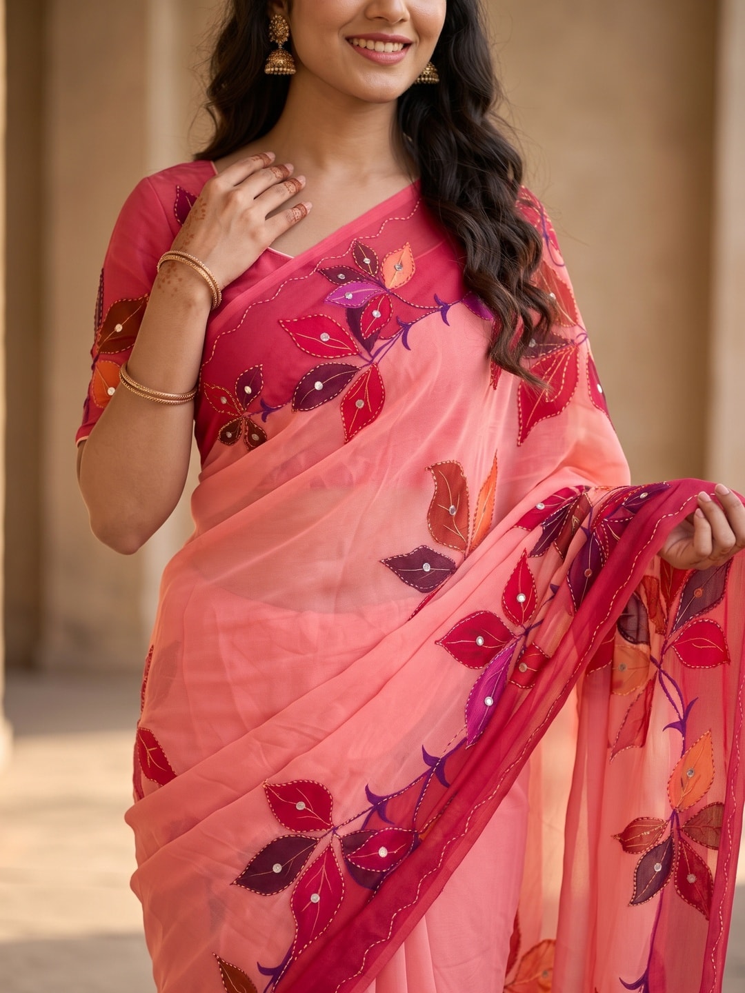 Peachmode Pink Weightless Georgette Digital Kalamkari Festival Printed Saree With Mirror Work - Image 3