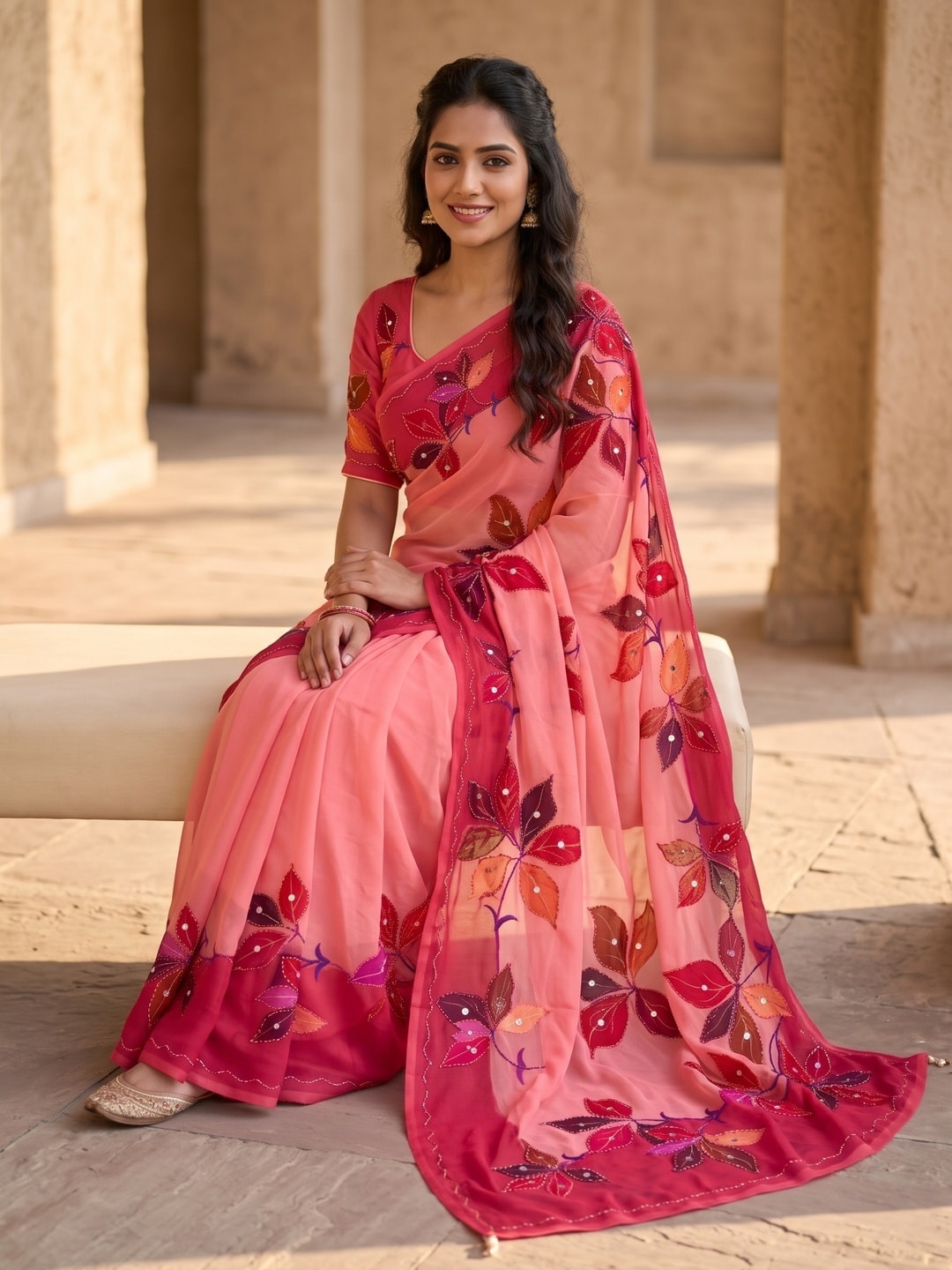 Peachmode Pink Weightless Georgette Digital Kalamkari Festival Printed Saree With Mirror Work - Image 5
