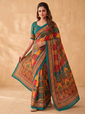 Peachmode Teal Weightless Georgette Digital Kalamkari Festival Printed Saree With Mirror Work - Image 1